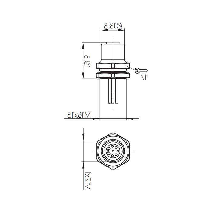 M12 8Pin, straight female, flange socket, front mounting, suitable for PCB mounting, 64SB01P